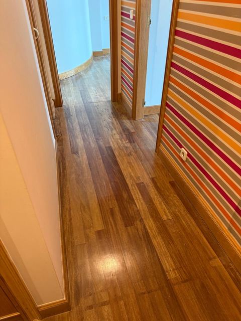 Pasillo con tarima de madera barnizada junto a una pared de rayas de colores