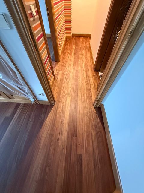 Pasillo largo con tarima barnizada y puertas de madera