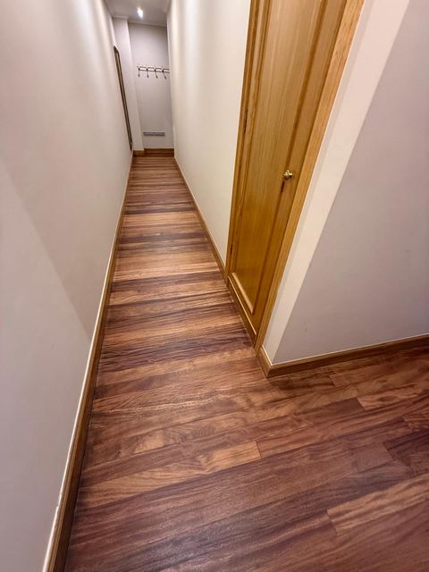 Pasillo con tarima barnizada y puerta de madera